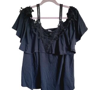 Roaman's 22/24 Cold Shoulder Top Tunic Black Lace‎ Accents SS 1X Cotton Blend